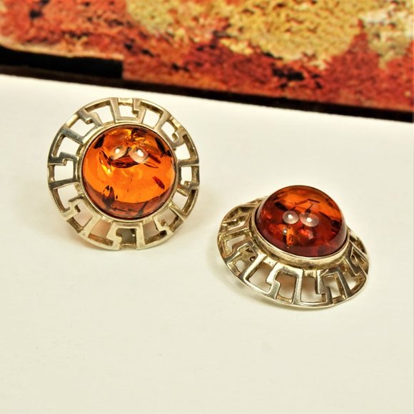 LARGE BALTIC AMBER CABOCHONS 925 SILVER CLIP ON ROUND EARRINGS, GIFT FOR WOMEN - Picture 9 of 9